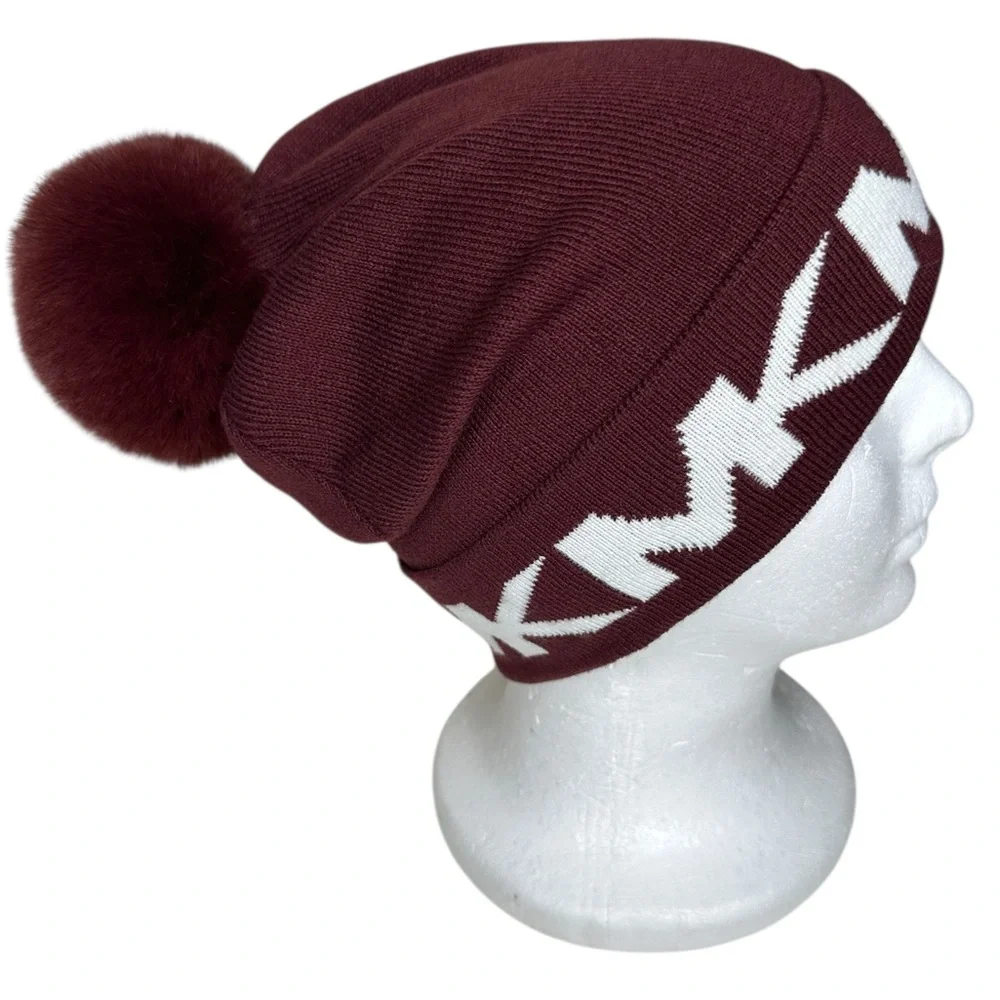 Michael Kors Stacked Logos Knit Hat Beanie W Pom Pom Maroon White